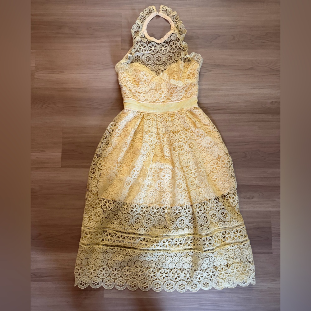 Self Portrait Yellow Guipure Lace Halter Midi Dress size US6 - Picture 2 of 5